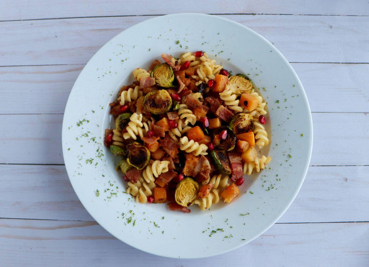 Bacon, Brussels Sprouts Butternut Squash Pasta
