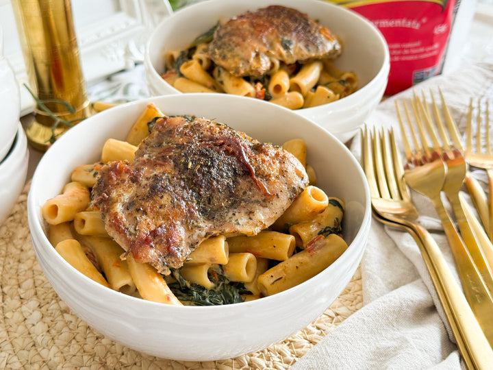 One-Pan Creamy Herbed Chicken & Sun Dried Tomato Pasta