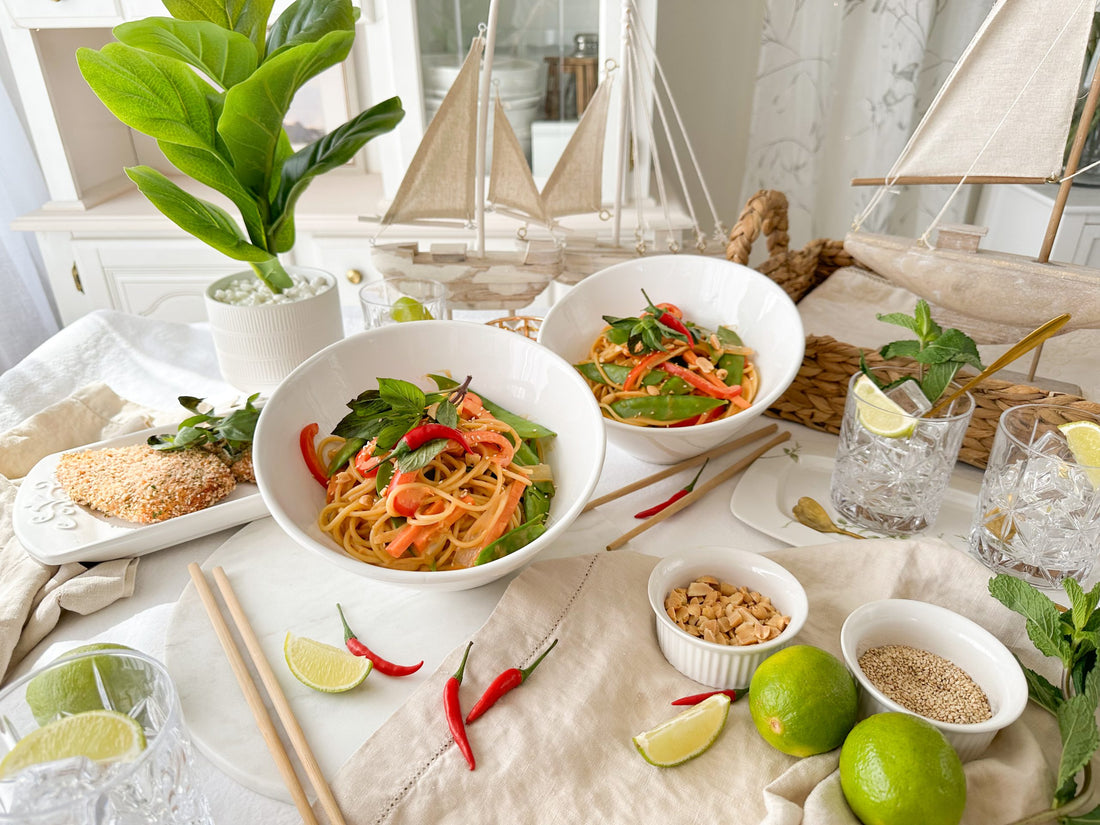 Spicy Peanut Spaghetti with Crispy Panko Chicken